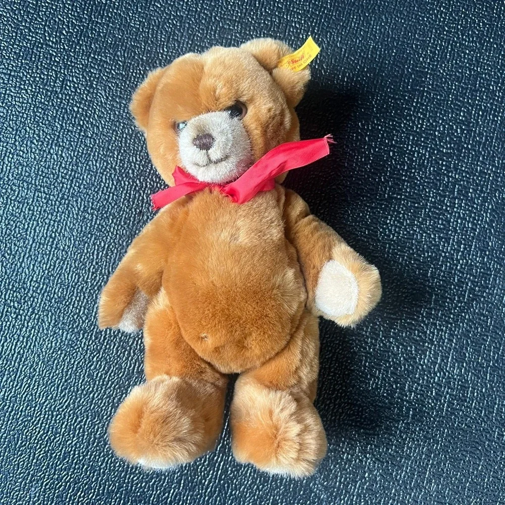 Steiff Petsy Teddy Bear 012051 Golden Brown Plush Red Ribbon Made in Germany 11